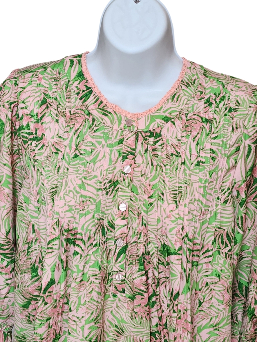 Democracy Leaf Print Lantern Sleeves Stand Collar Pintuck Front Woven Top Size S - Picture 7 of 10